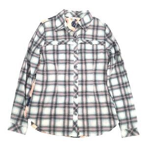 CAbi Festival Plaid Floral Button Up Top Size Small Womens Gray Peach Pink S 233